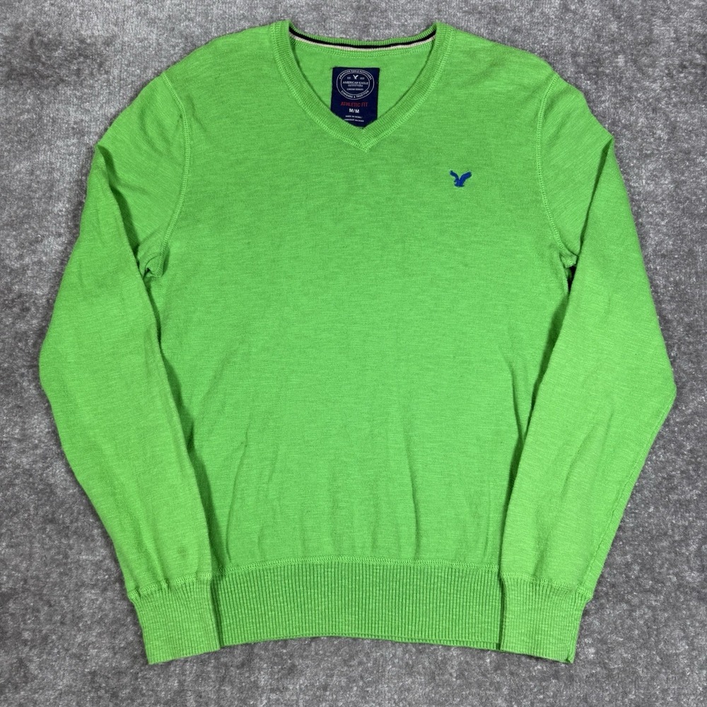 American Eagle Sweater Men's Medium Green V Neck Knit Long‎ Sleeve Pullover